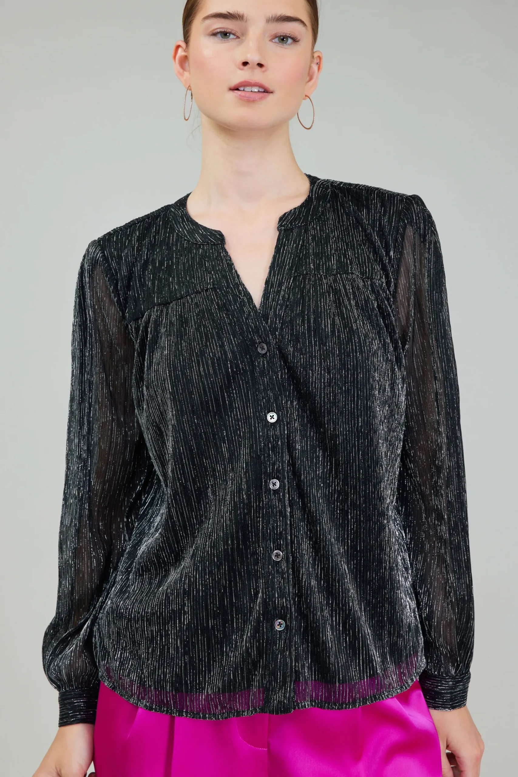 Current Air Long Sleeve Tops-Lurex Buttonup Blouse BLACK