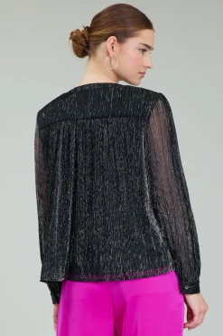 Current Air Long Sleeve Tops-Lurex Buttonup Blouse BLACK