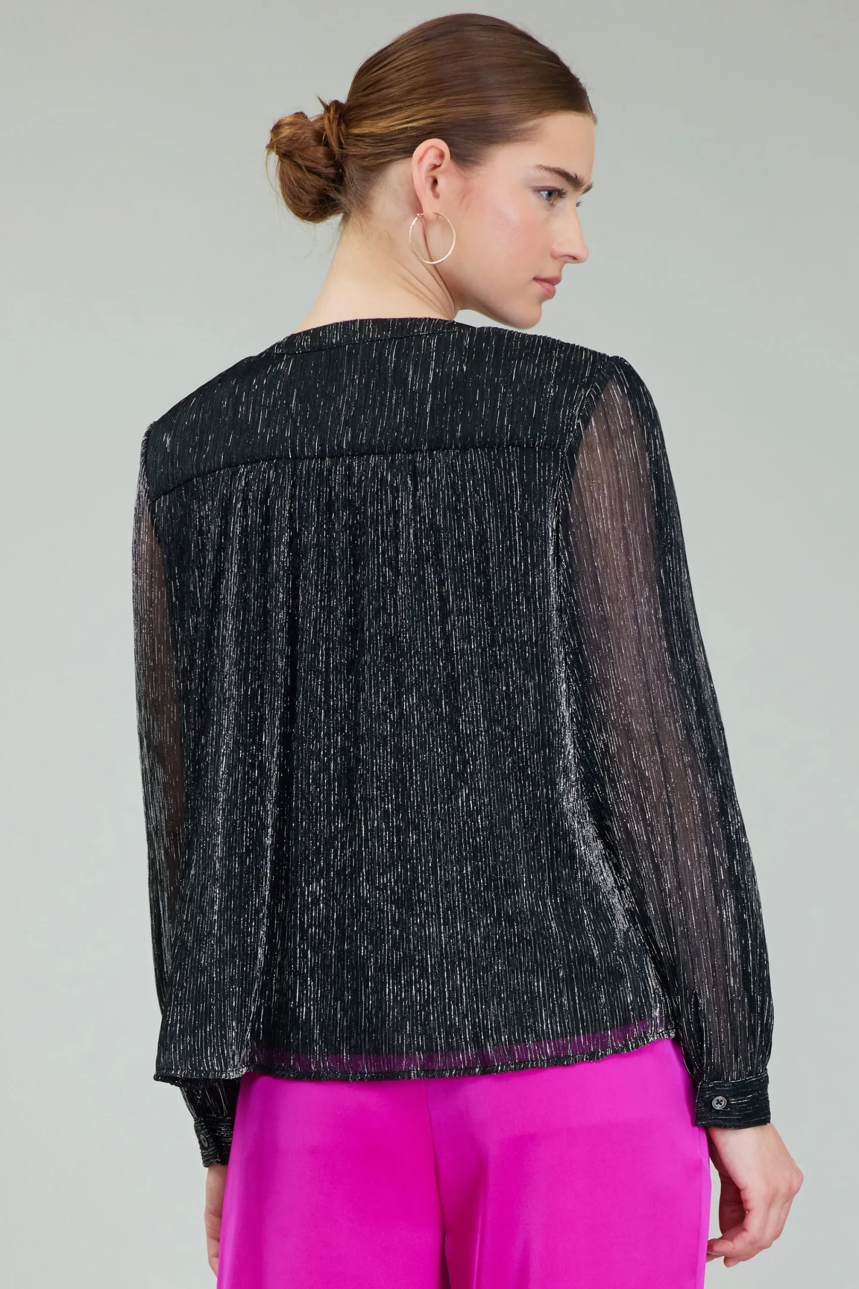 Current Air Long Sleeve Tops-Lurex Buttonup Blouse BLACK