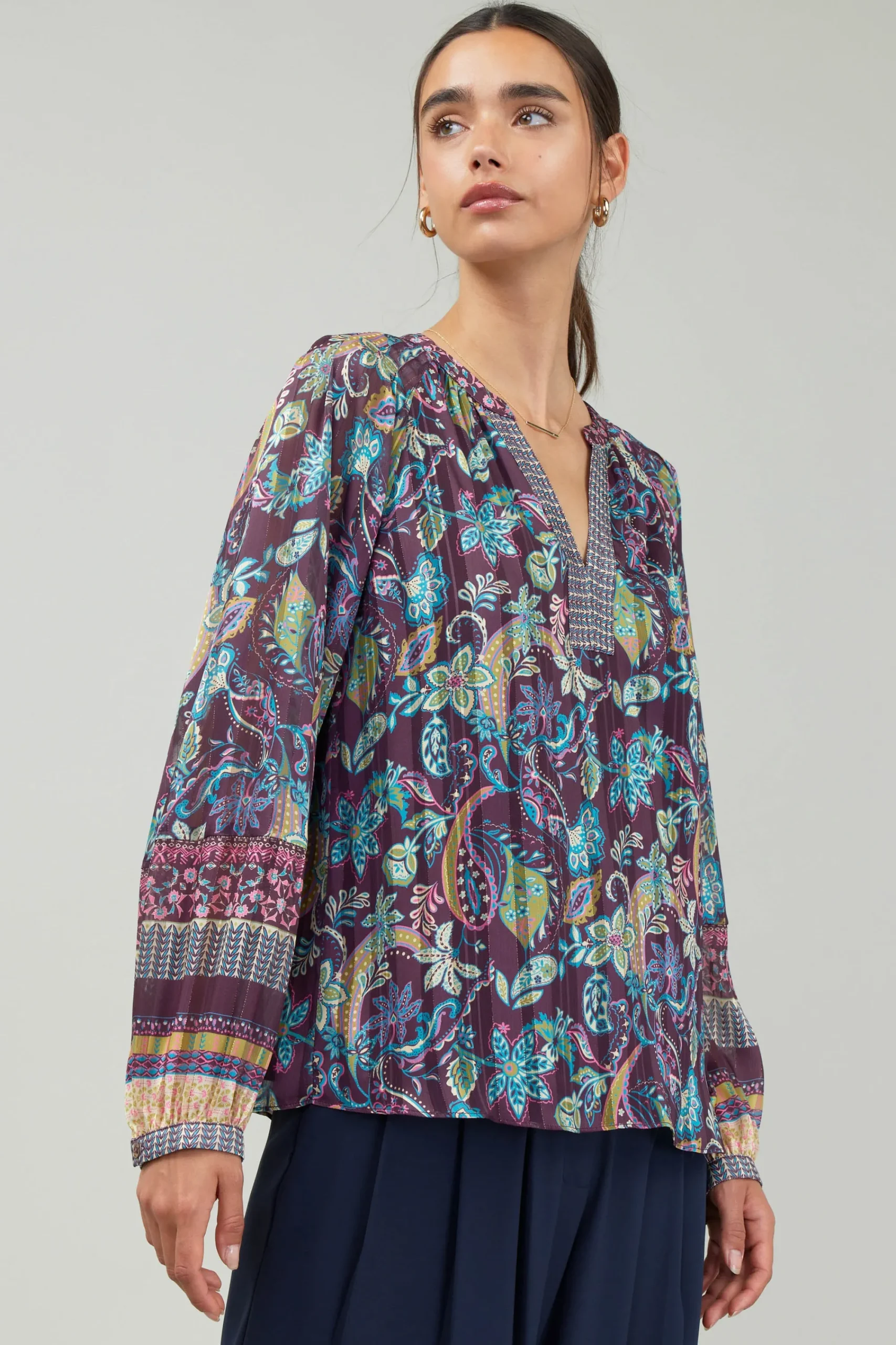 Current Air Long Sleeve Tops-Lurex Floral Blouse PLUMMLT