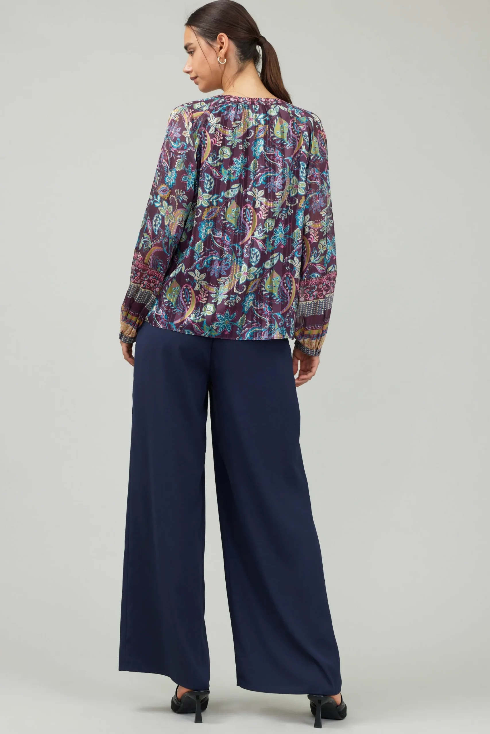 Current Air Long Sleeve Tops-Lurex Floral Blouse PLUMMLT