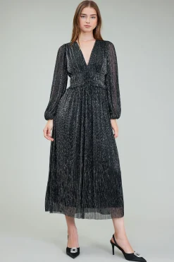 Current Air Maxi Dresses-Lurex Pleated Maxi Dress BLACK