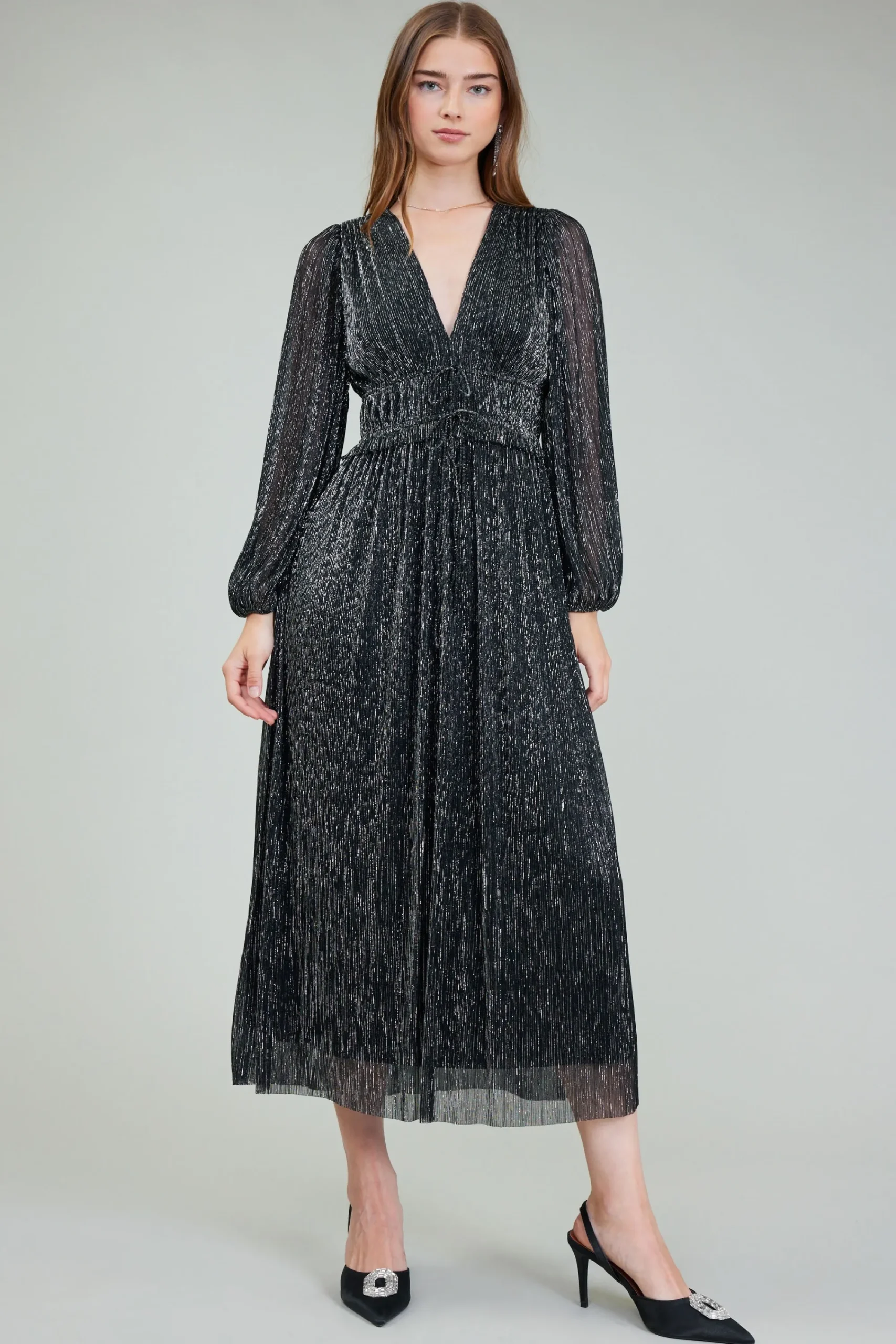 Current Air Maxi Dresses-Lurex Pleated Maxi Dress BLACK