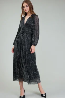 Current Air Maxi Dresses-Lurex Pleated Maxi Dress BLACK