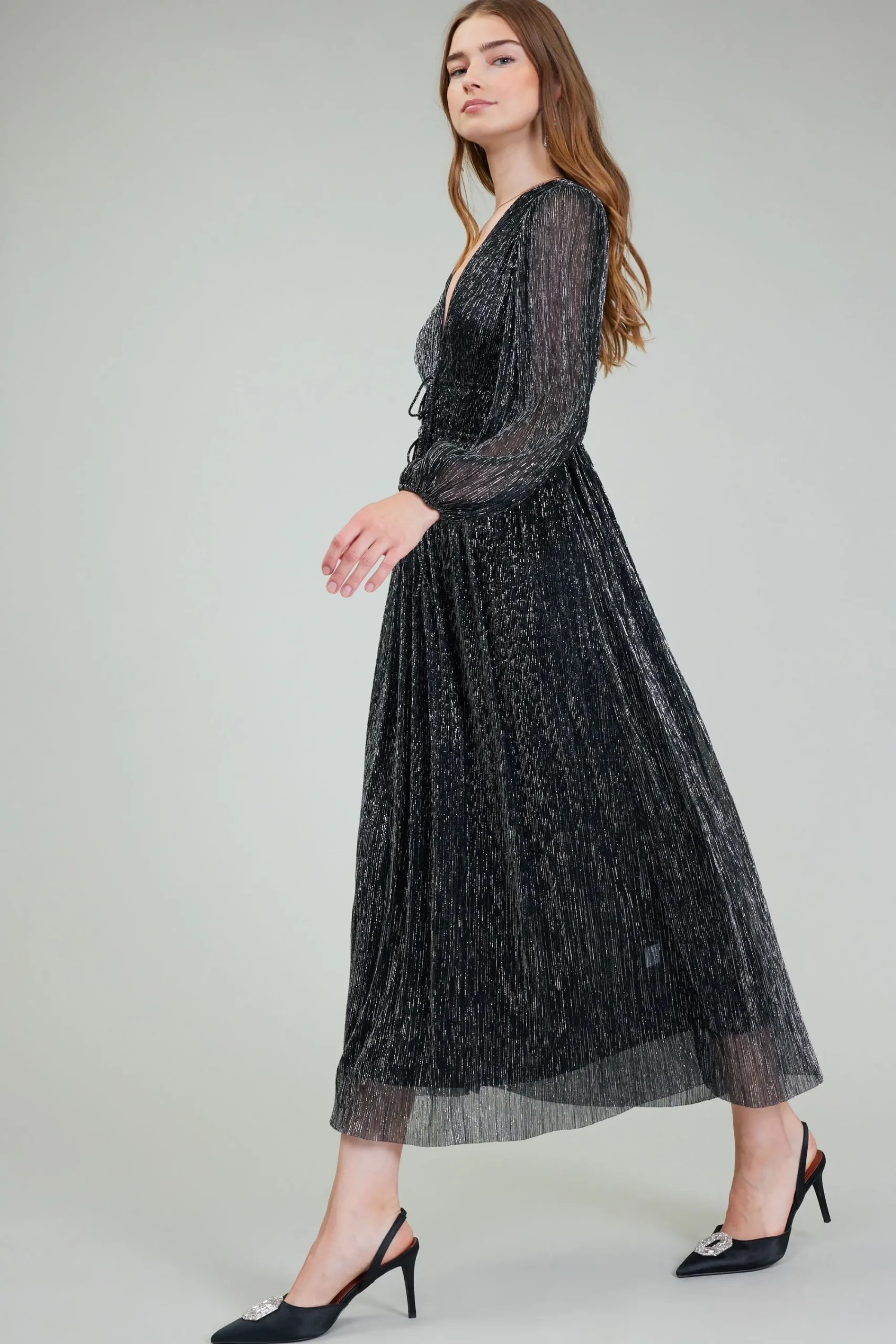 Current Air Maxi Dresses-Lurex Pleated Maxi Dress BLACK