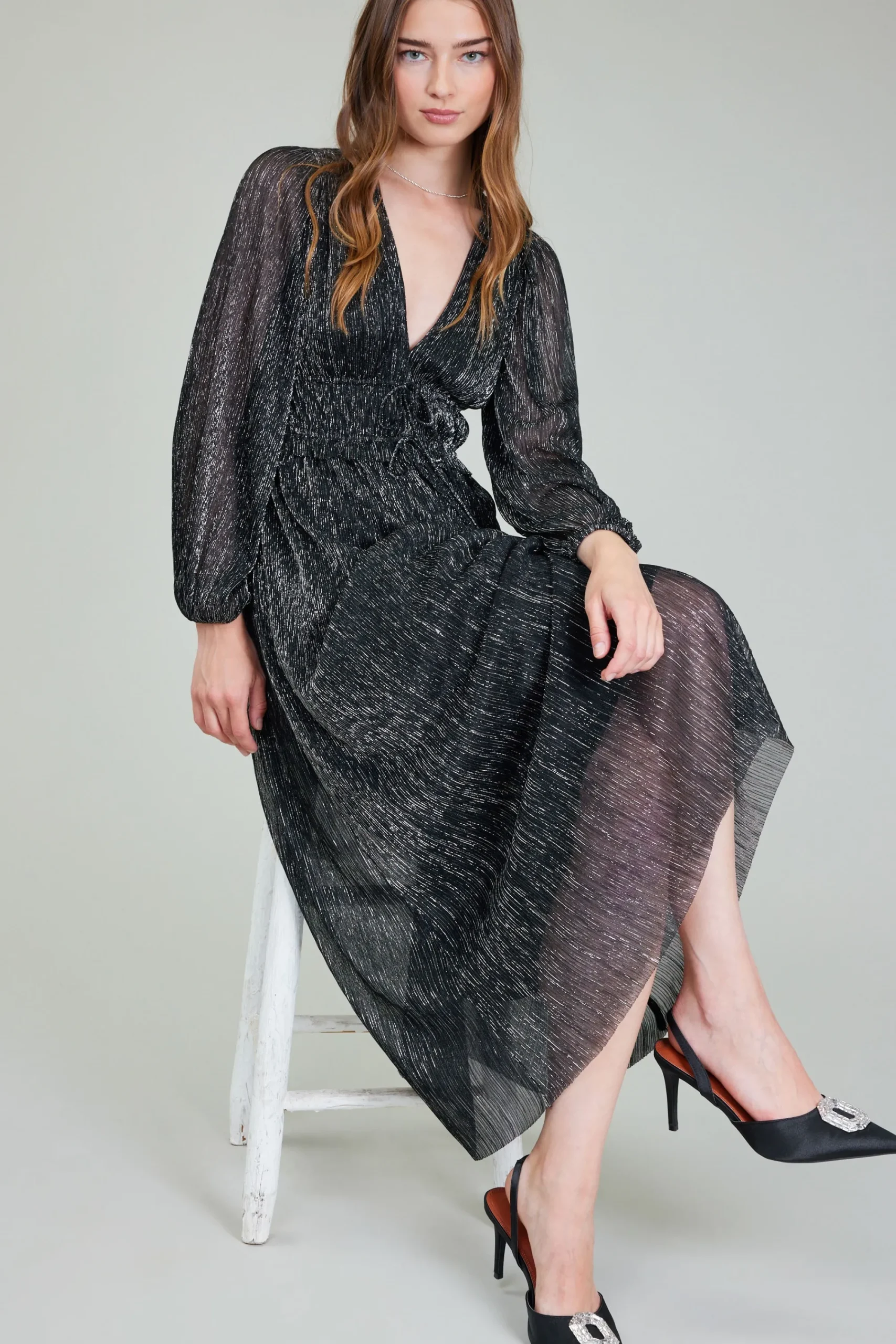 Current Air Maxi Dresses-Lurex Pleated Maxi Dress BLACK