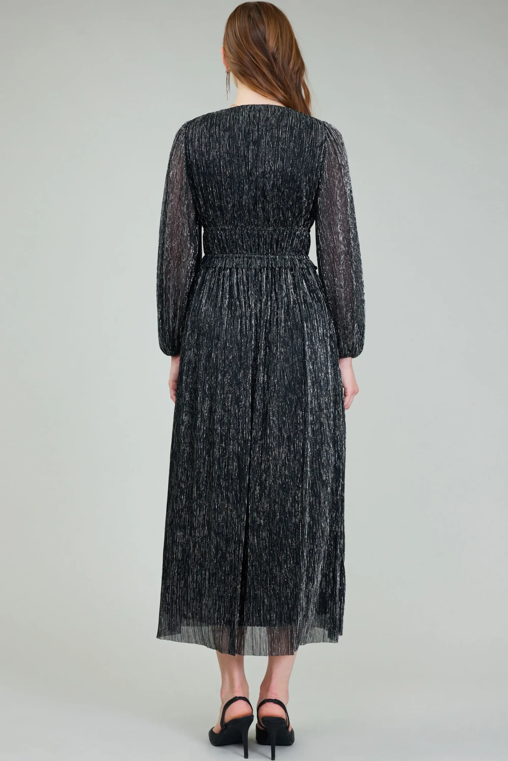 Current Air Maxi Dresses-Lurex Pleated Maxi Dress BLACK