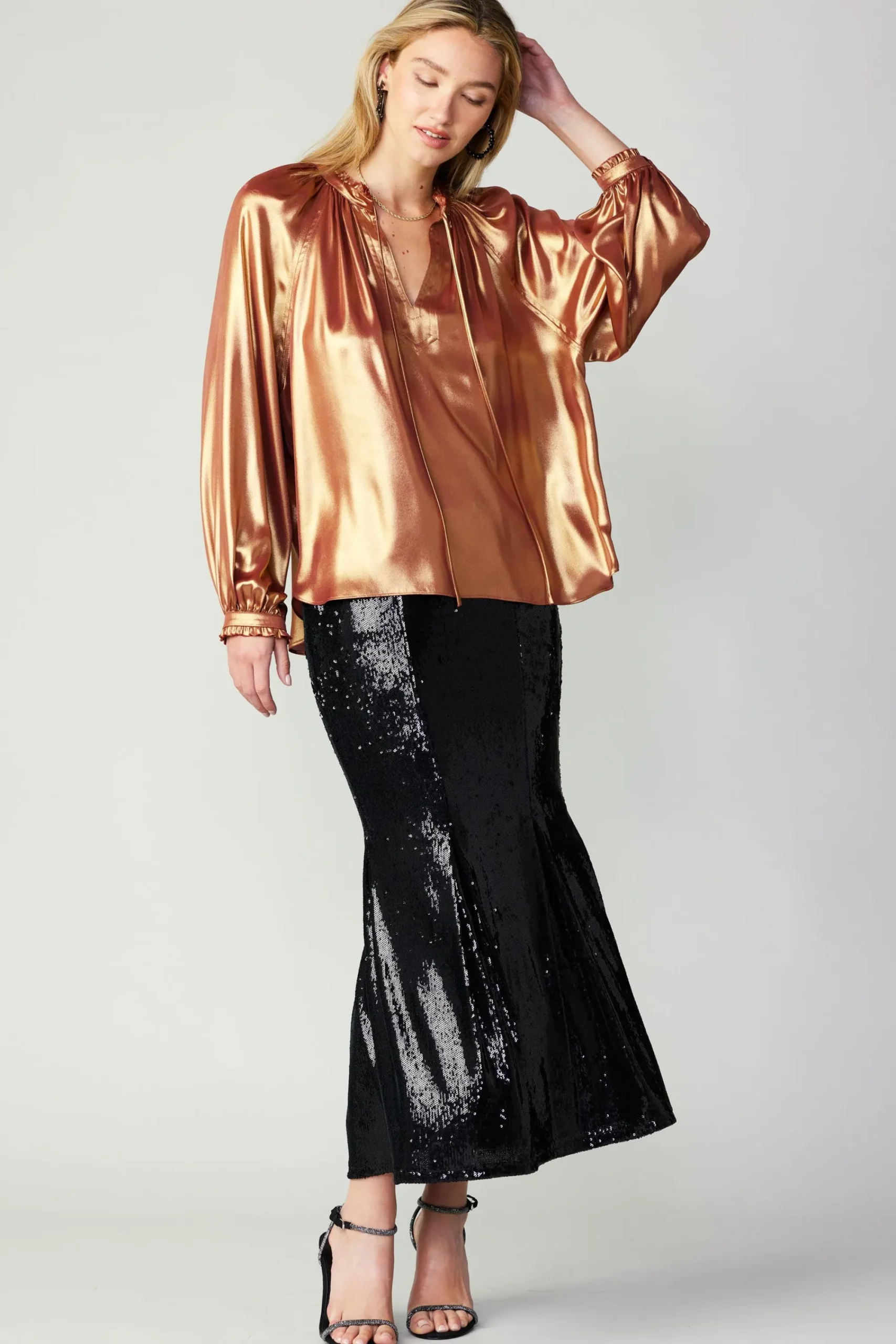 Current Air Long Sleeve Tops-Lustrous Cuffed Blouse RUST