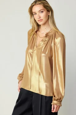Current Air Long Sleeve Tops-Lustrous Cuffed Blouse GOLD