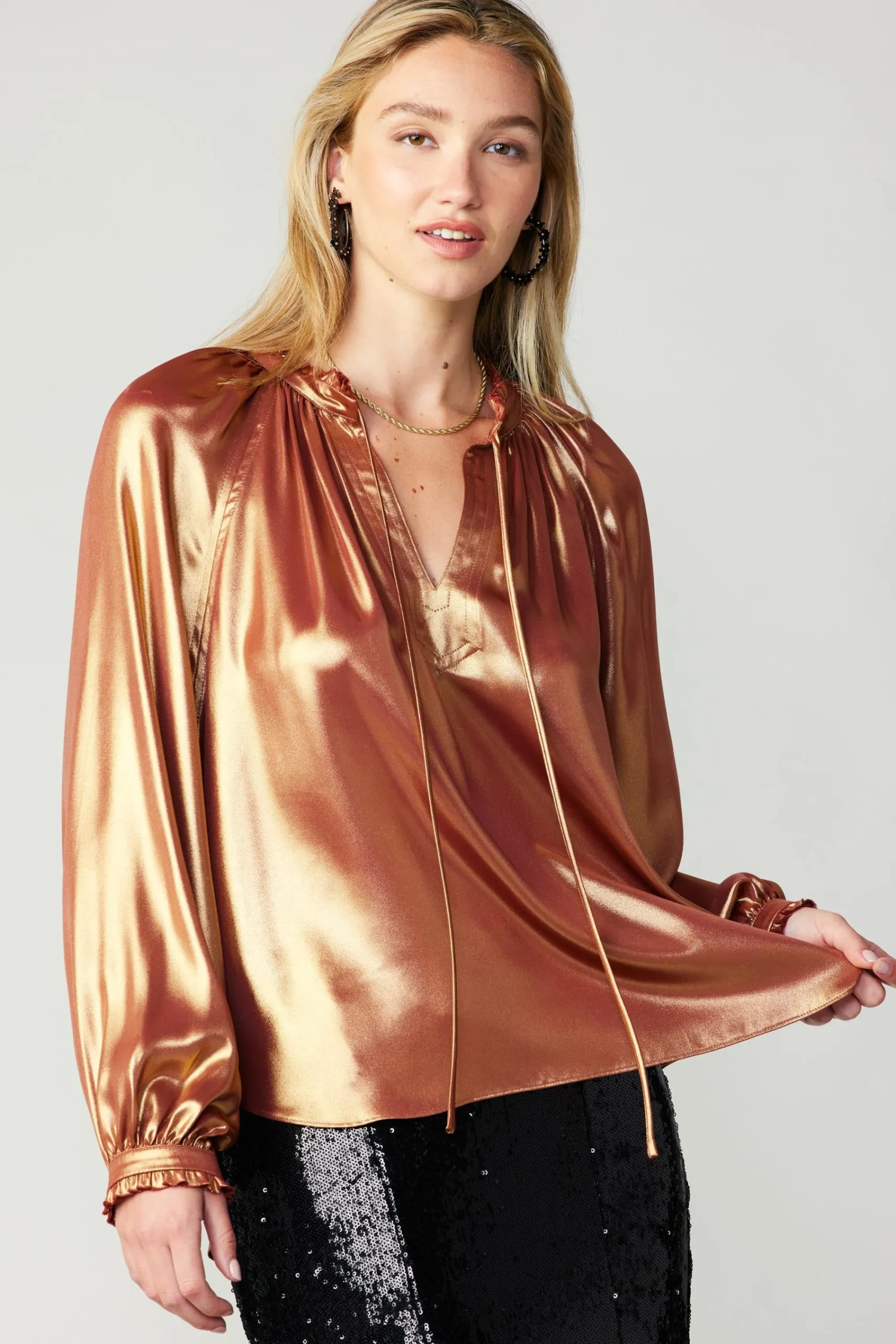 Current Air Long Sleeve Tops-Lustrous Cuffed Blouse RUST