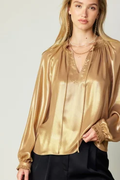 Current Air Long Sleeve Tops-Lustrous Cuffed Blouse GOLD