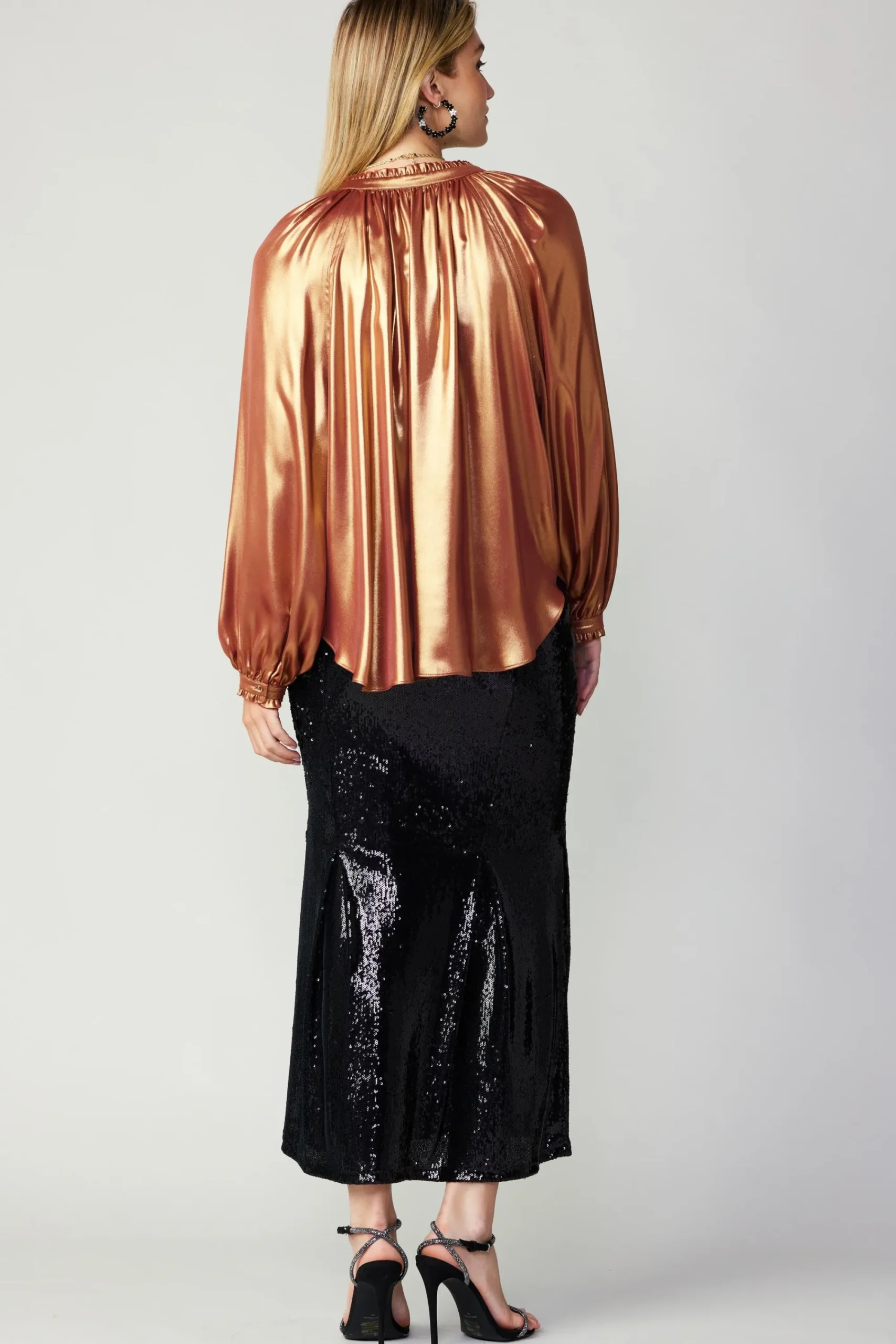 Current Air Long Sleeve Tops-Lustrous Cuffed Blouse RUST