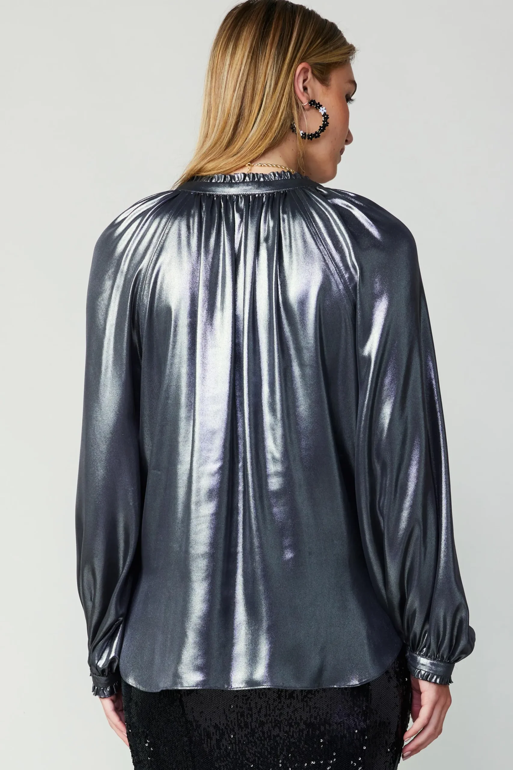Current Air Long Sleeve Tops-Lustrous Cuffed Blouse GUNMETAL