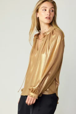 Current Air Long Sleeve Tops-Lustrous Cuffed Blouse GOLD