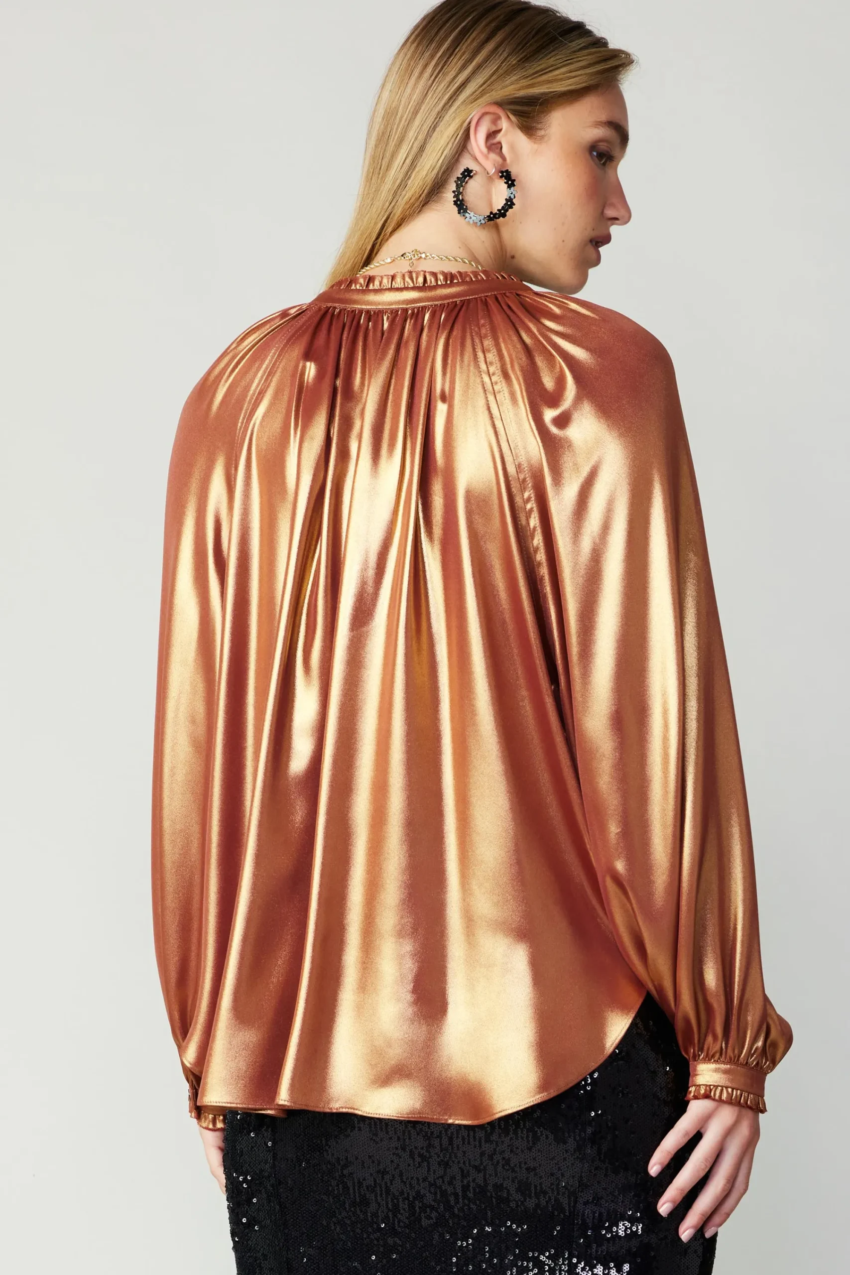Current Air Long Sleeve Tops-Lustrous Cuffed Blouse RUST