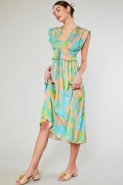 Current Air Maxi Dresses | Midi Dresses-Mara Abstract Pleated Maxi Dress GREENORANGEMLT