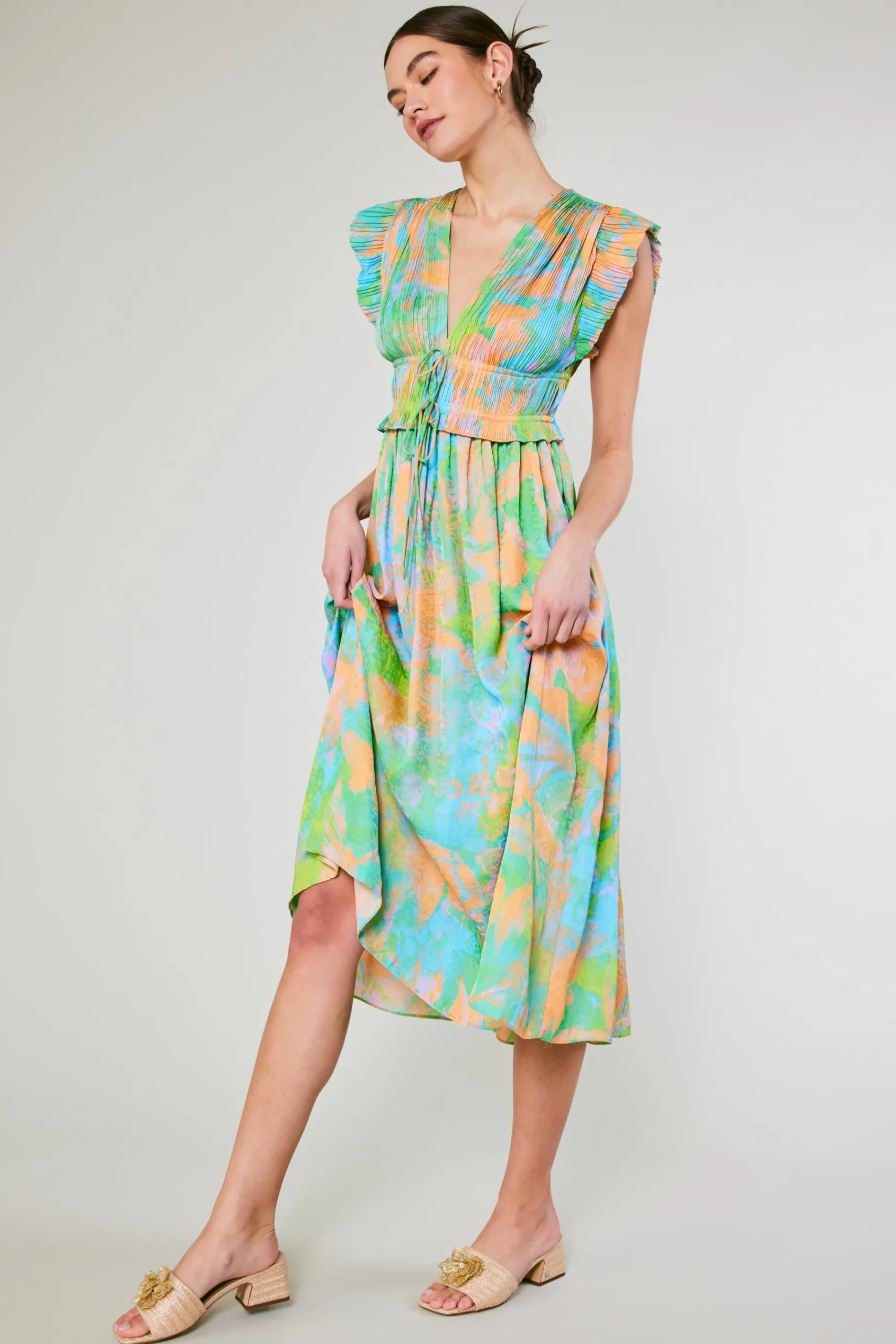 Current Air Maxi Dresses | Midi Dresses-Mara Abstract Pleated Maxi Dress GREENORANGEMLT
