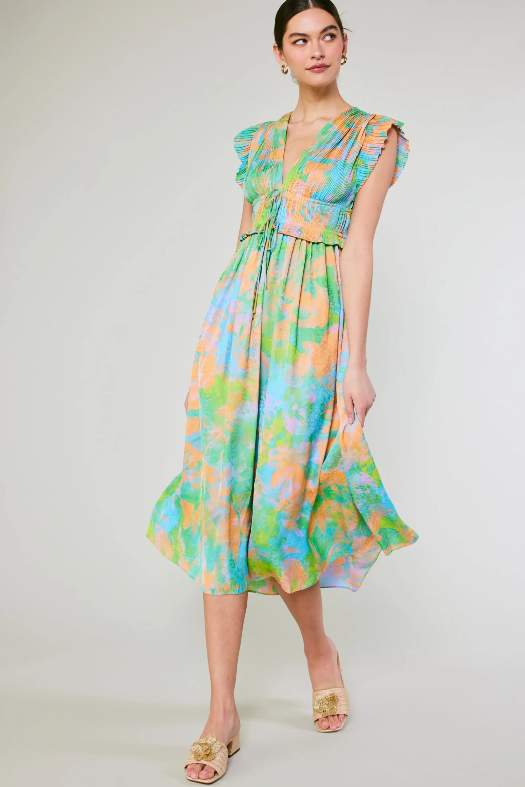 Current Air Maxi Dresses | Midi Dresses-Mara Abstract Pleated Maxi Dress GREENORANGEMLT