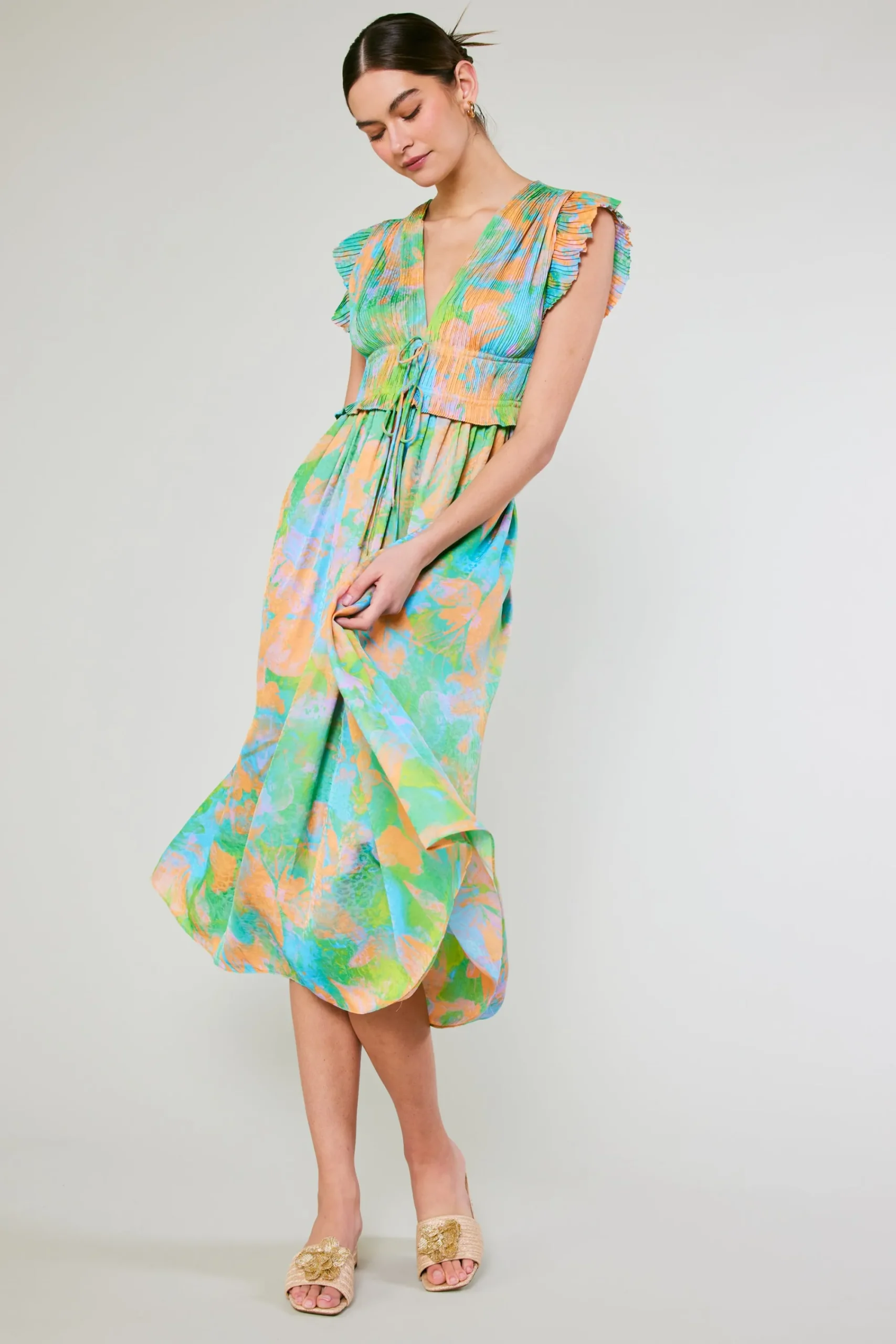 Current Air Maxi Dresses | Midi Dresses-Mara Abstract Pleated Maxi Dress GREENORANGEMLT