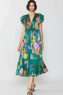 Current Air Midi Dresses-Mara Floral Pleated Midi Dress GREENFLORAL
