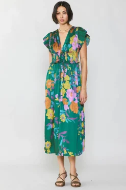 Current Air Midi Dresses-Mara Floral Pleated Midi Dress GREENFLORAL