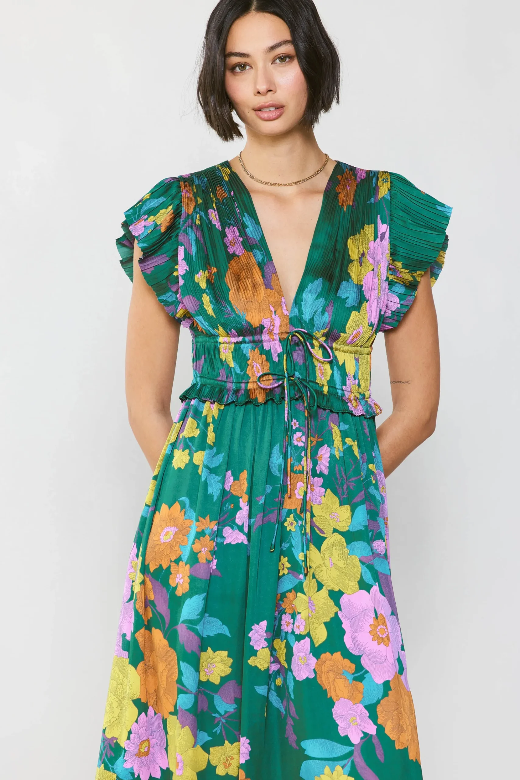 Current Air Midi Dresses-Mara Floral Pleated Midi Dress GREENFLORAL