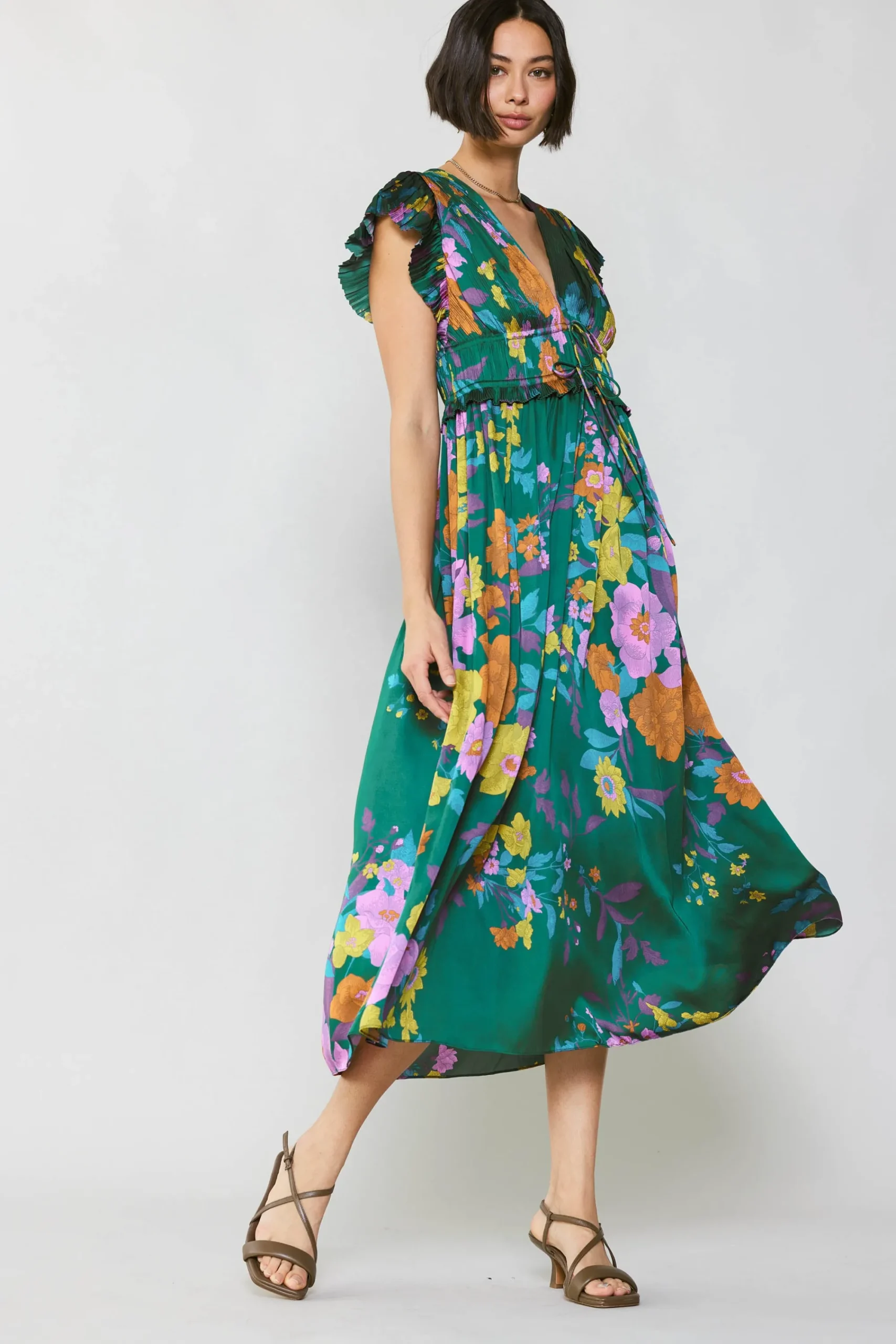 Current Air Midi Dresses-Mara Floral Pleated Midi Dress GREENFLORAL