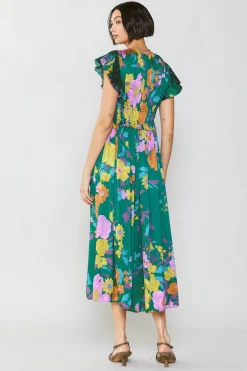 Current Air Midi Dresses-Mara Floral Pleated Midi Dress GREENFLORAL