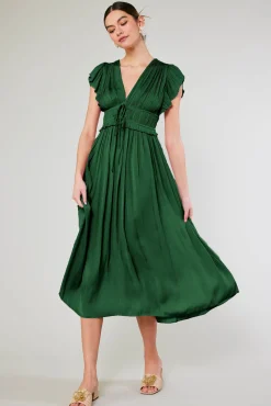 Current Air Maxi Dresses-Mara Pleated Maxi Dress FORESTGREEN