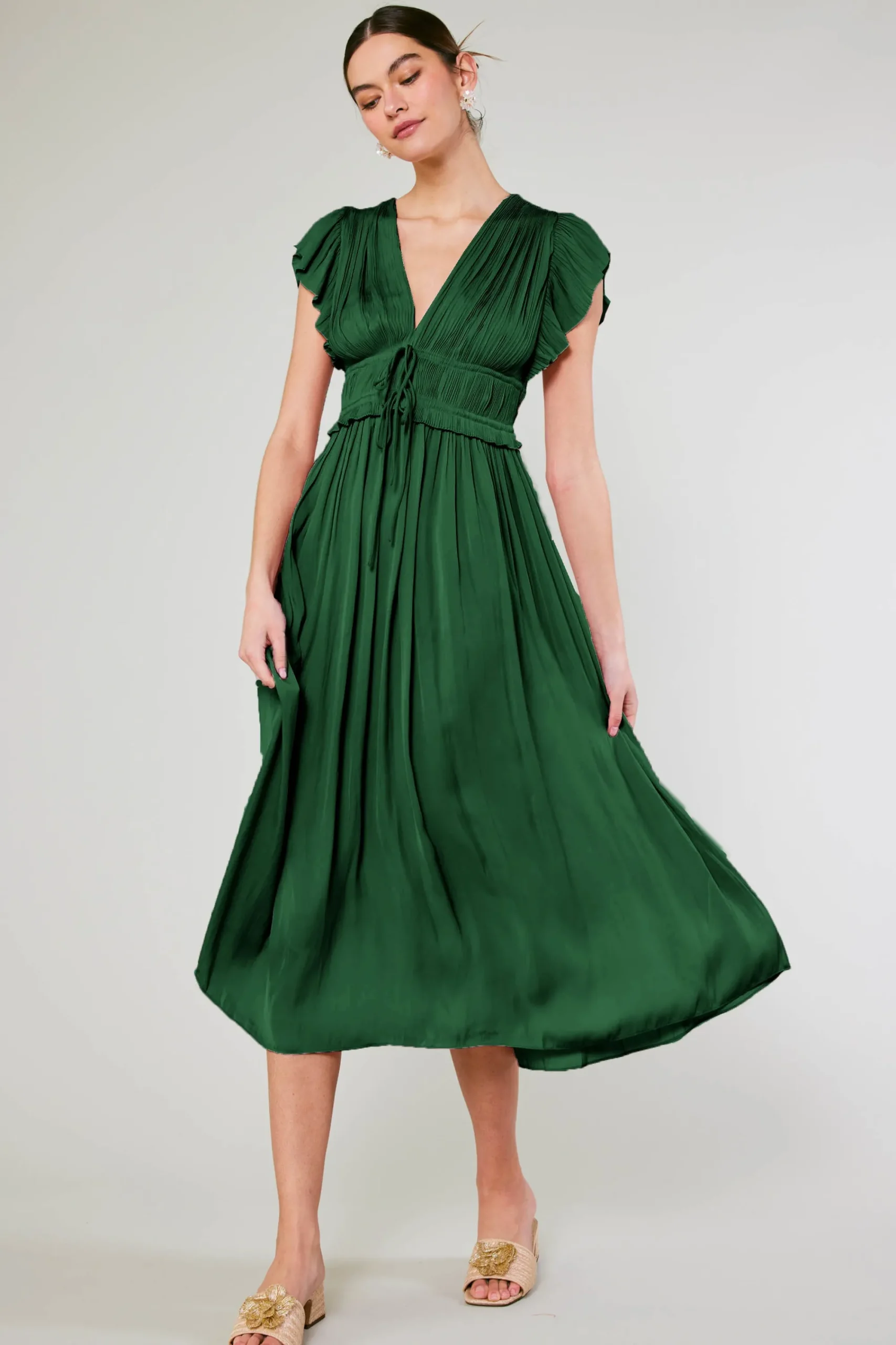 Current Air Maxi Dresses-Mara Pleated Maxi Dress FORESTGREEN