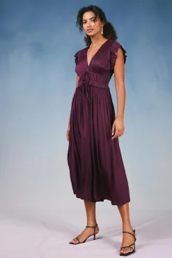 Current Air Maxi Dresses-Mara Pleated Maxi Dress BURGUNDY