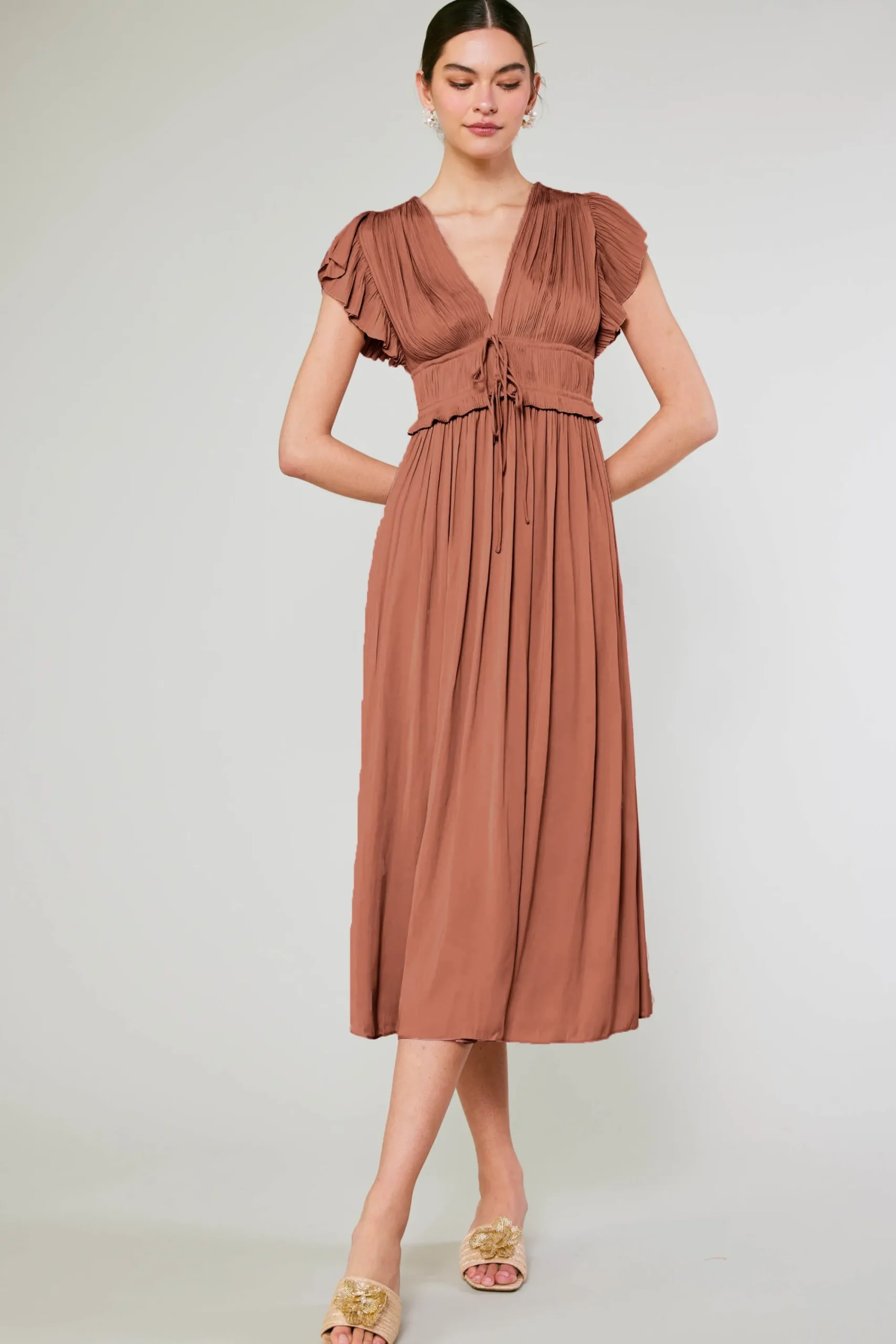 Current Air Maxi Dresses | Midi Dresses-Mara Pleated Maxi Dress CARAMEL