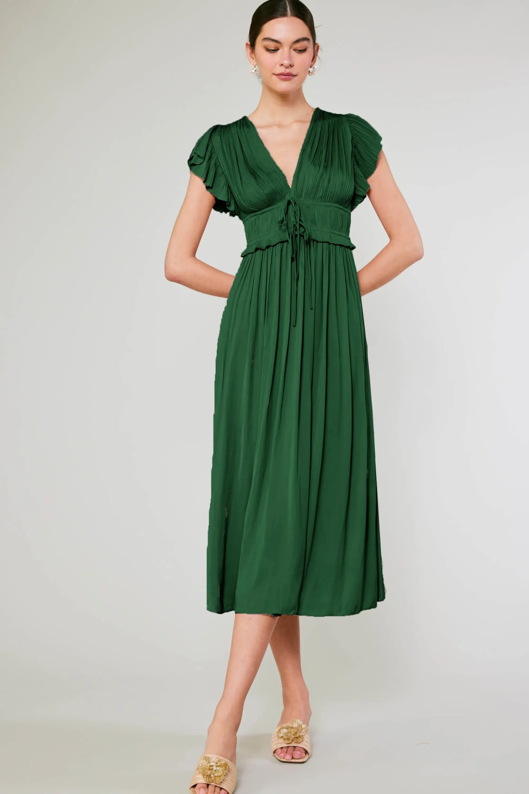 Current Air Maxi Dresses-Mara Pleated Maxi Dress FORESTGREEN