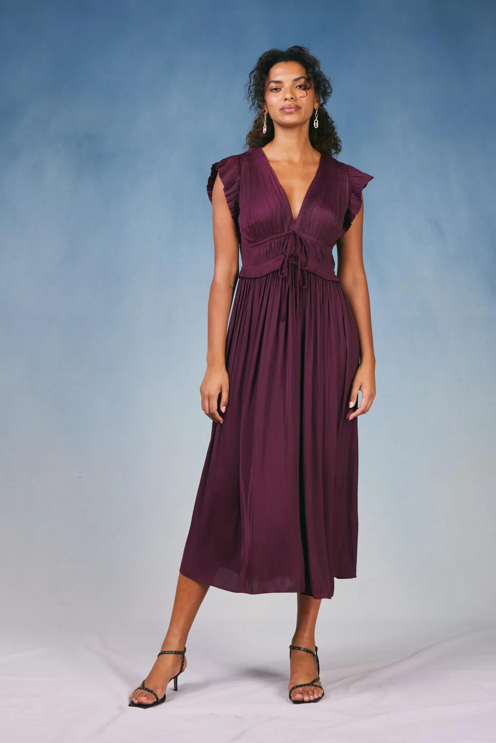 Current Air Maxi Dresses-Mara Pleated Maxi Dress BURGUNDY
