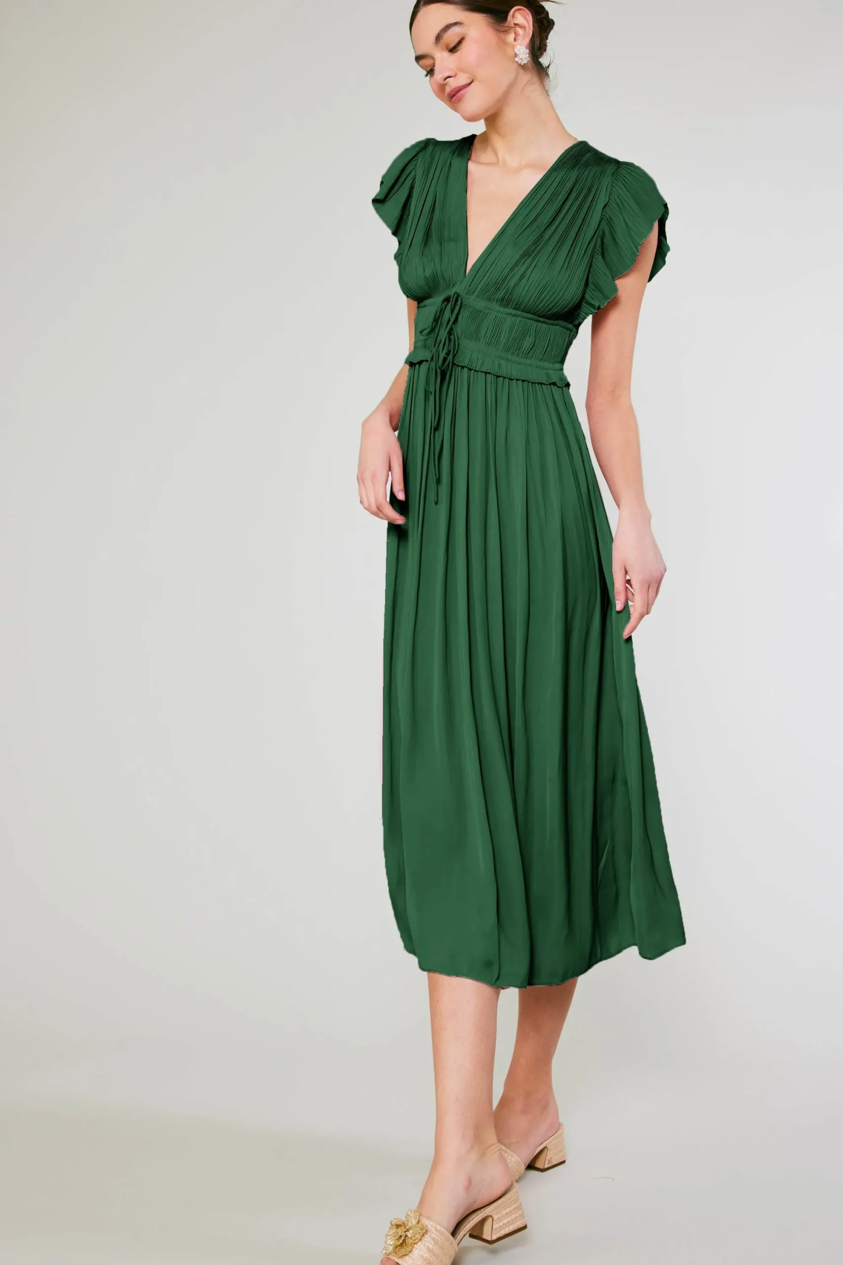 Current Air Maxi Dresses-Mara Pleated Maxi Dress FORESTGREEN