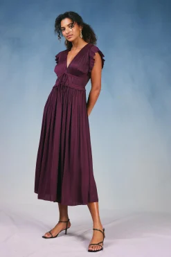 Current Air Maxi Dresses-Mara Pleated Maxi Dress BURGUNDY