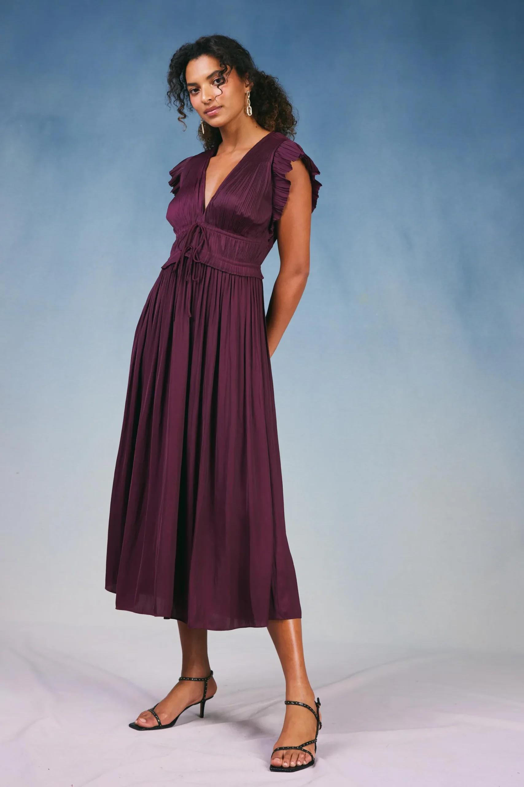 Current Air Maxi Dresses-Mara Pleated Maxi Dress BURGUNDY