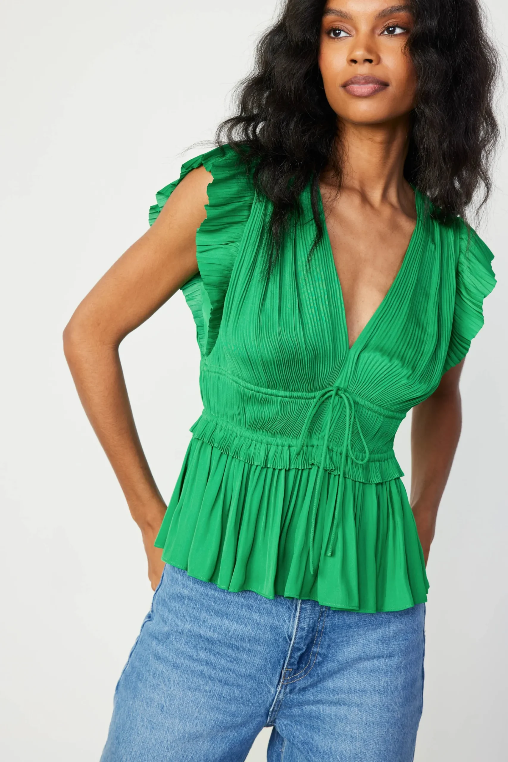 Current Air Sleeveless Tops-Mara Pleated Sleeveless Blouse DEEPSPRINGGREEN