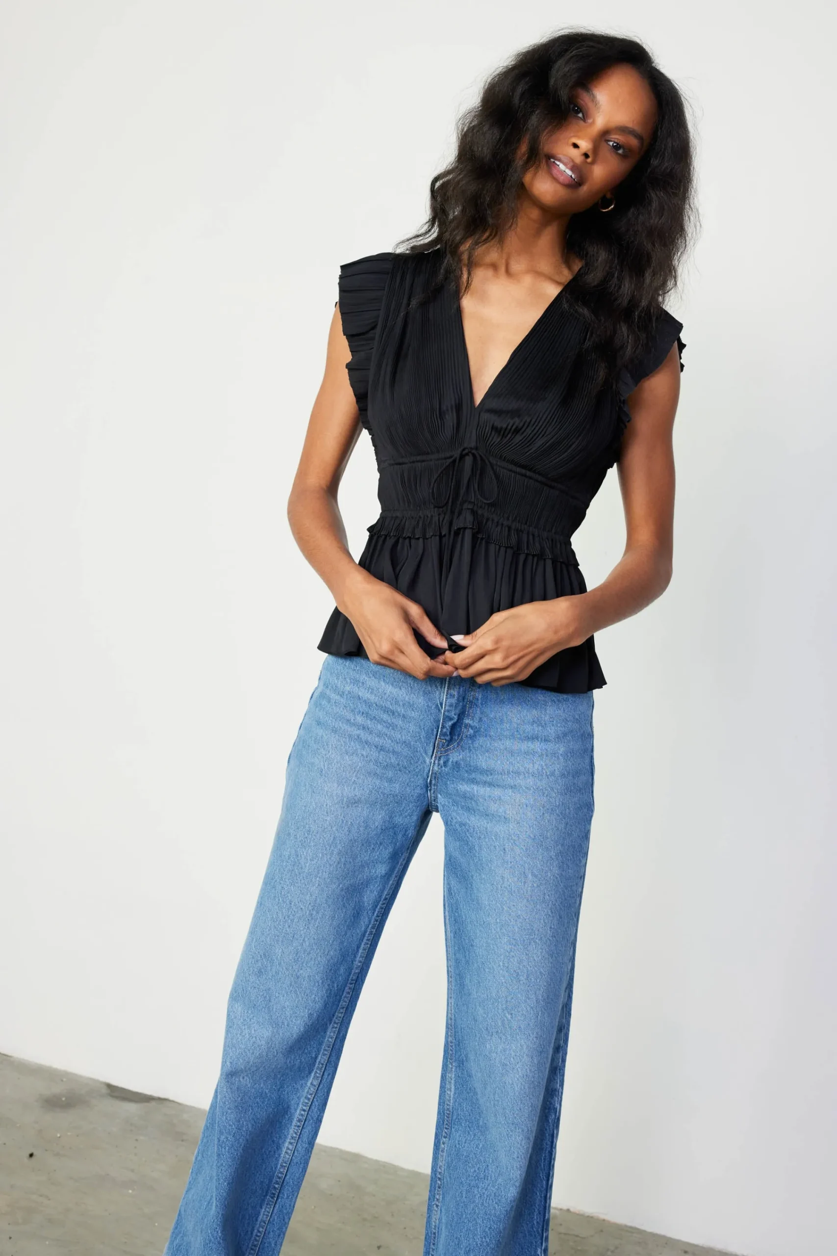 Current Air Sleeveless Tops-Mara Pleated Sleeveless Blouse BLACK