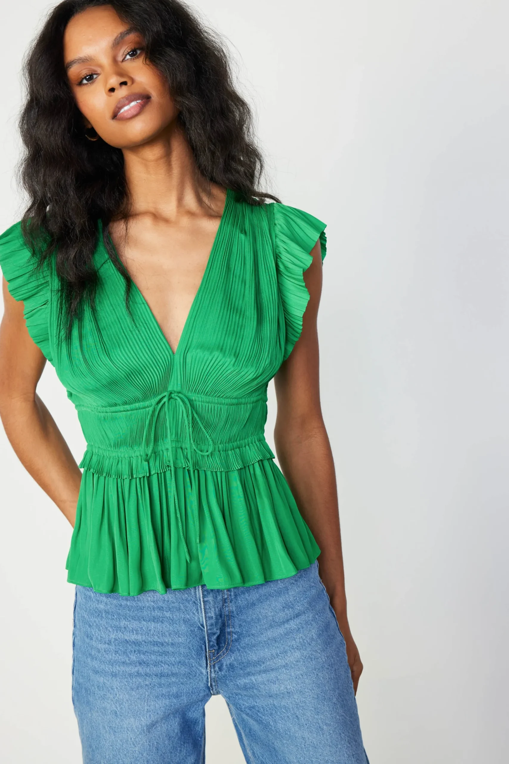 Current Air Sleeveless Tops-Mara Pleated Sleeveless Blouse DEEPSPRINGGREEN