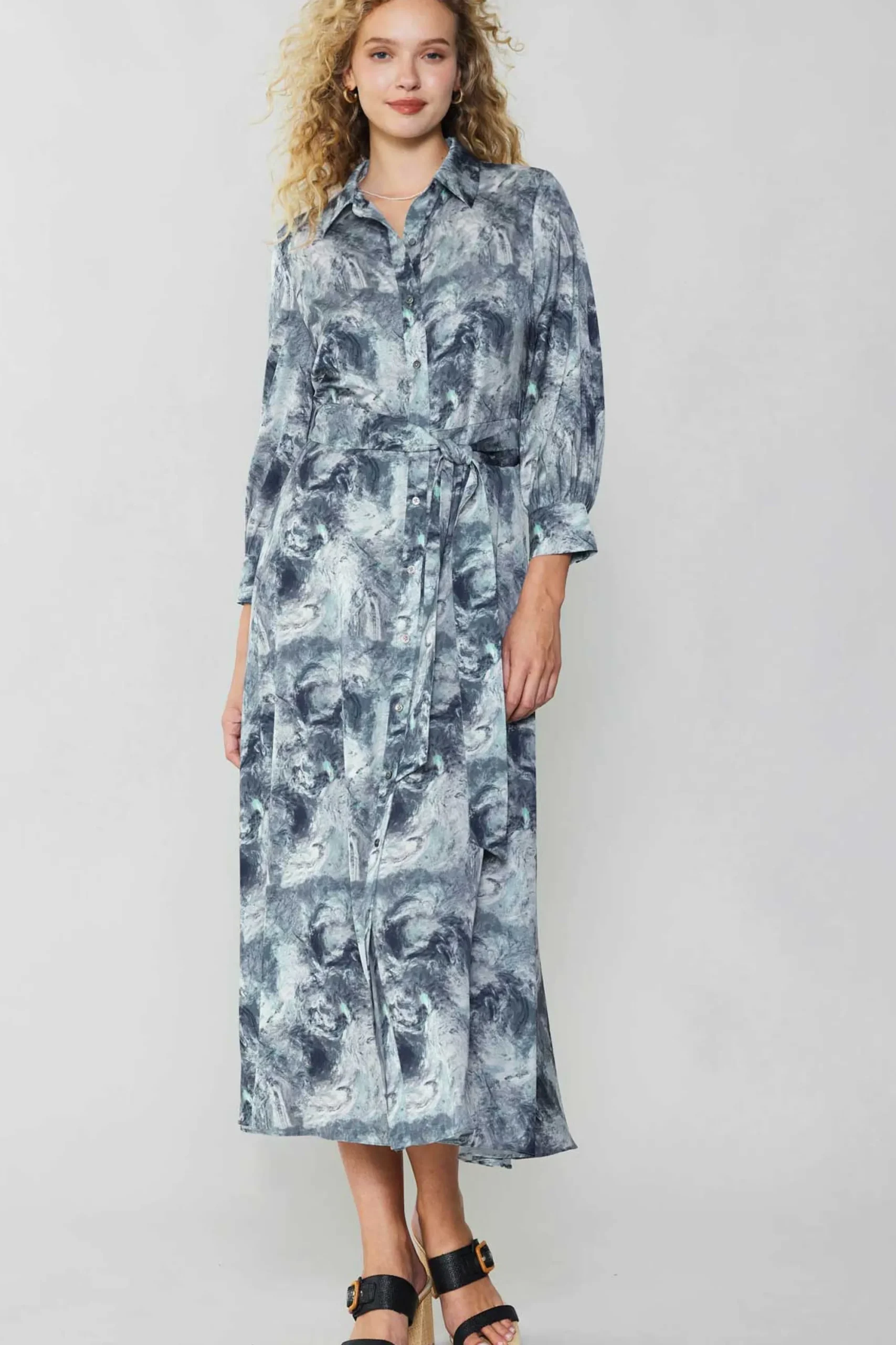 Current Air Maxi Dresses | Midi Dresses-Marbled Motif Buttondown Dress GREYMULTI