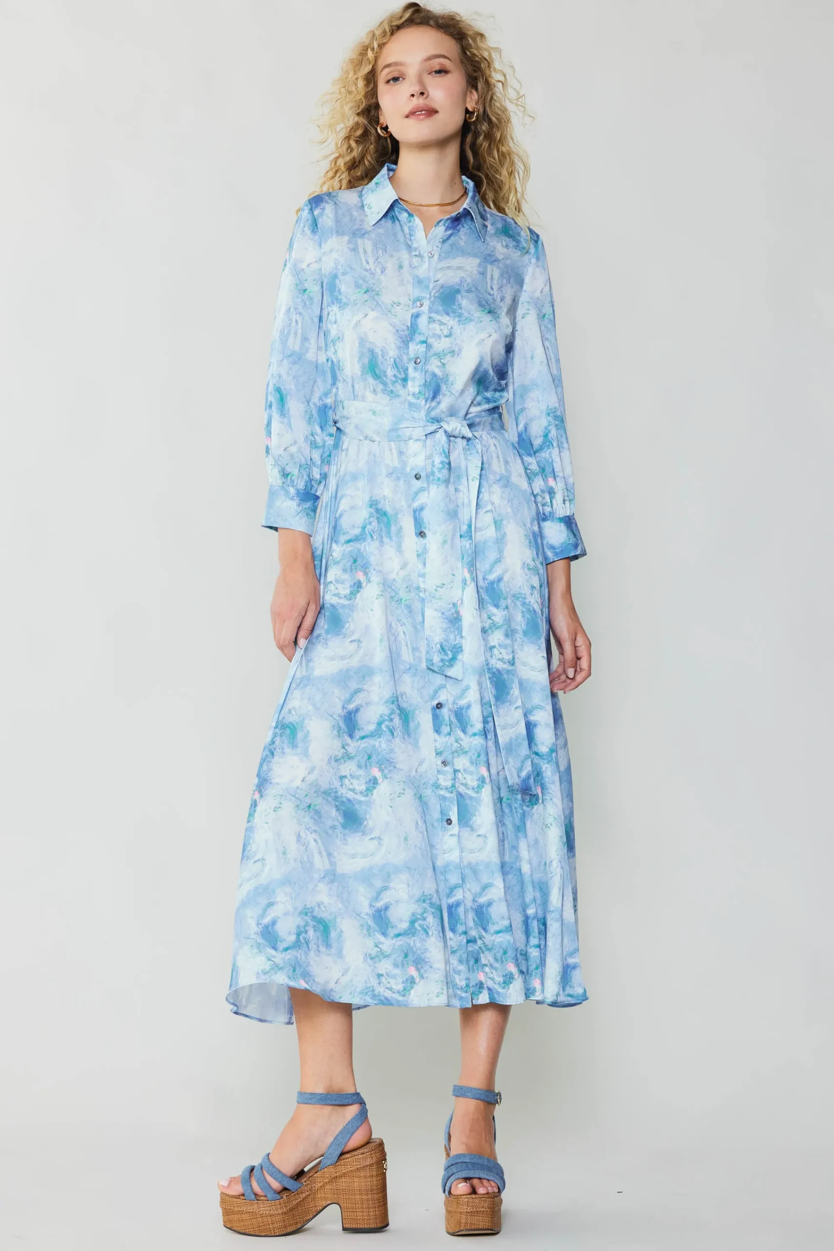 Current Air Maxi Dresses | Midi Dresses-Marbled Motif Buttondown Dress BLUEMULTI