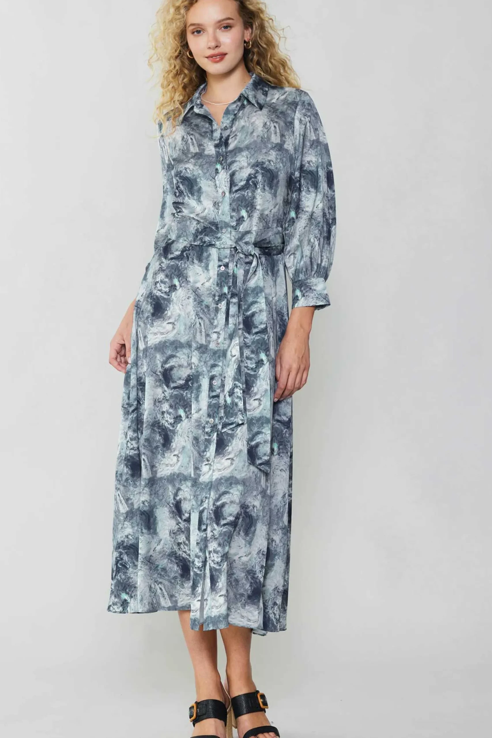 Current Air Maxi Dresses | Midi Dresses-Marbled Motif Buttondown Dress GREYMULTI