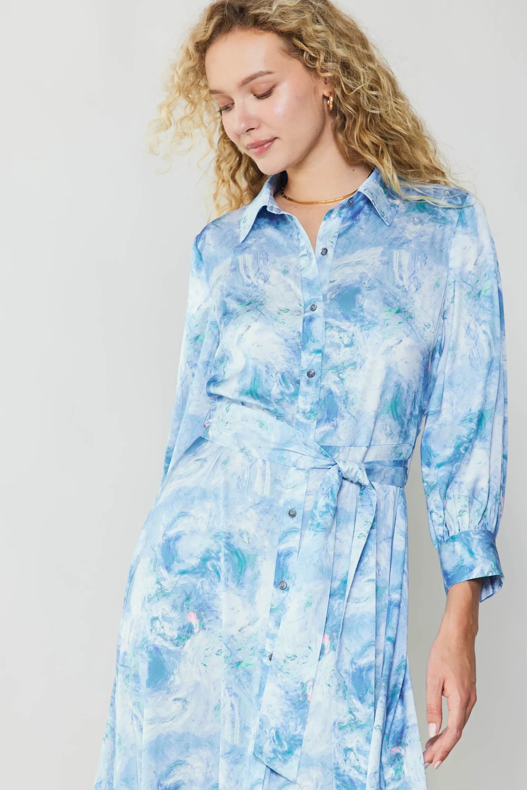Current Air Maxi Dresses | Midi Dresses-Marbled Motif Buttondown Dress BLUEMULTI