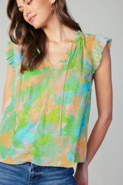 Current Air Short Sleeve Tops-Margot Abstract Pleated Sleeve Blouse GREENORANGE