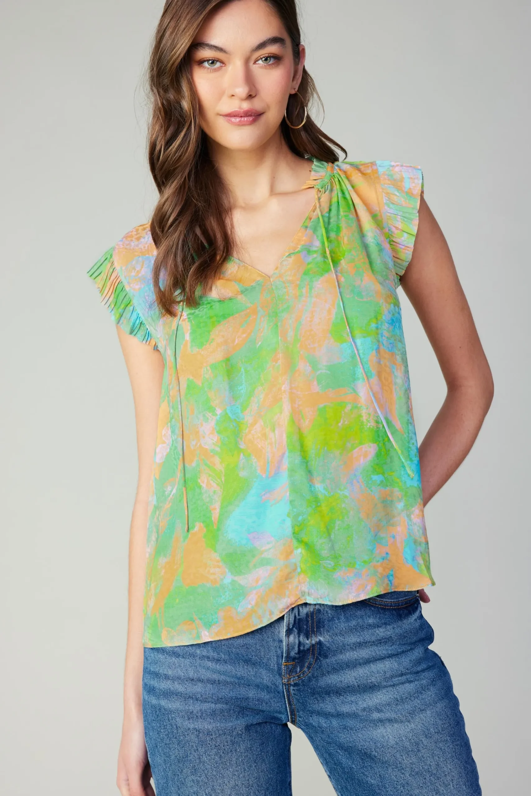 Current Air Short Sleeve Tops-Margot Abstract Pleated Sleeve Blouse GREENORANGE
