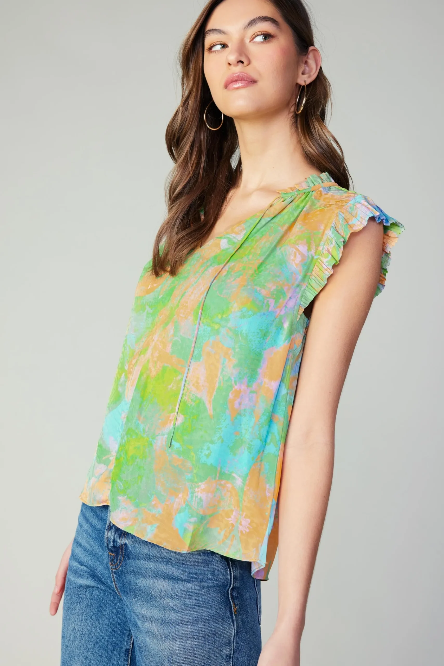 Current Air Short Sleeve Tops-Margot Abstract Pleated Sleeve Blouse GREENORANGE
