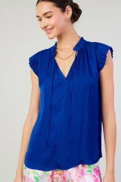 Current Air Short Sleeve Tops-Margot Pleated Blouse COBALT
