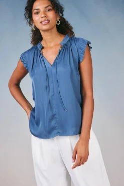 Current Air Short Sleeve Tops-Margot Pleated Sleeve Blouse DARKDUSTYBLUE
