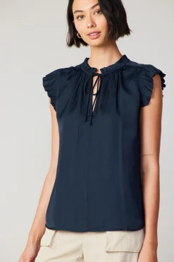 Current Air Short Sleeve Tops-Margot Pleated Sleeve Blouse DARKNAVY